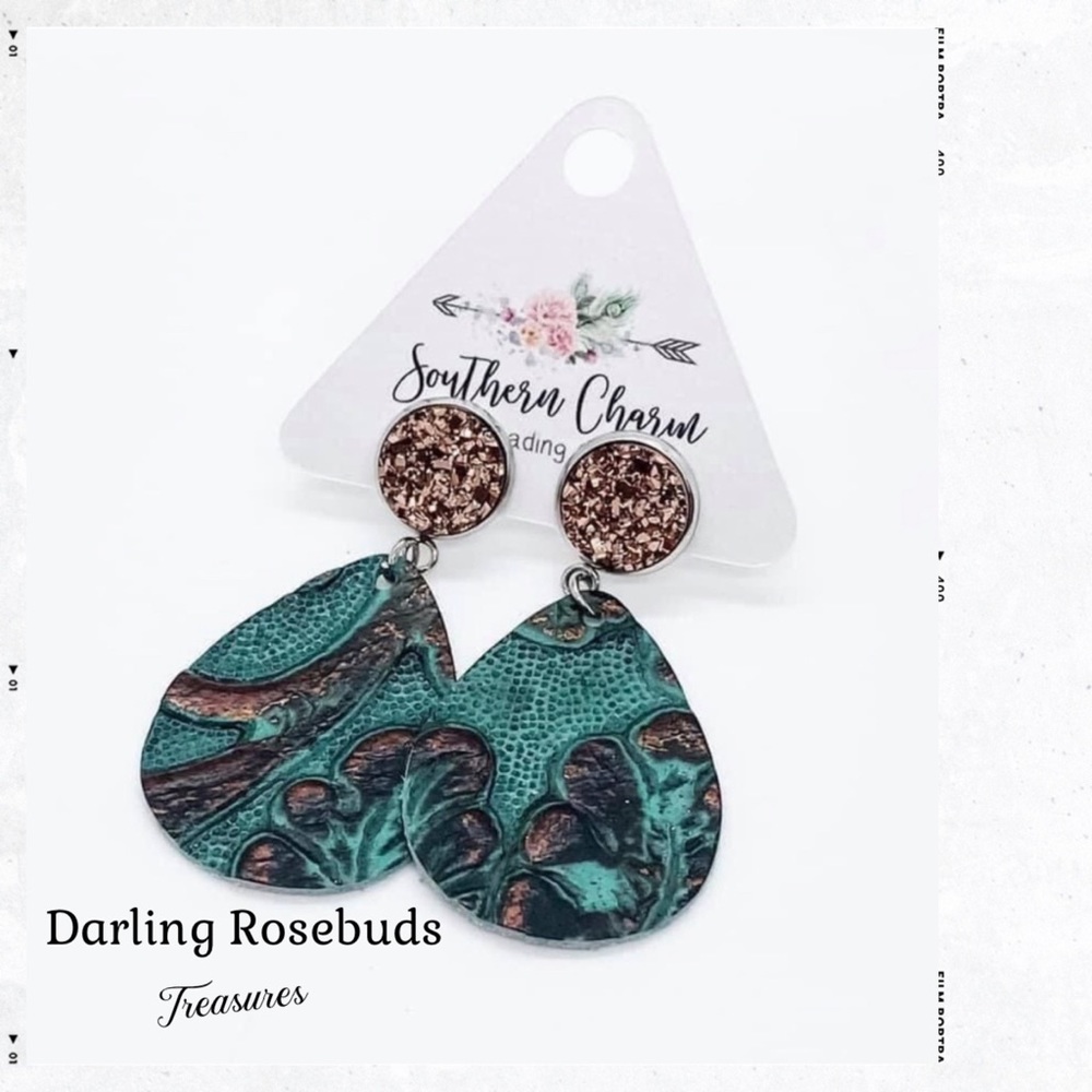 Rose gold & turquoise 2” embossed leather earrings
